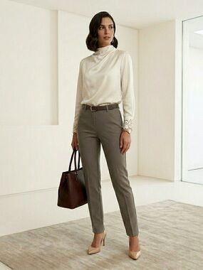 Akris Cotton Mulberry Silk Trouser Dress Pants 8 Straight Slim Office Minimalist